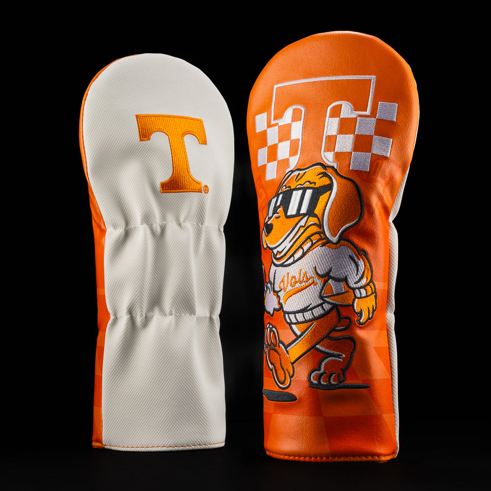 NCAA Tennessee Volunteers driver cover with team colors, mascot, and checkered pattern.