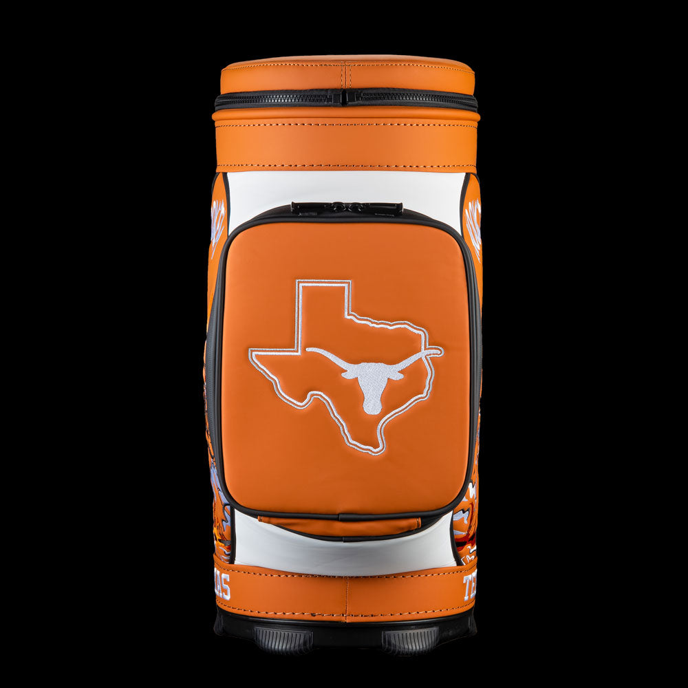 Side view of Texas Longhorns Hook ’Em Den Caddy Cooler featuring Texas state and Longhorn logo