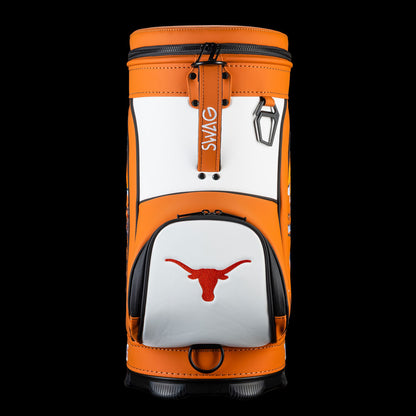 Back view of Texas Longhorns Hook ’Em Den Caddy Cooler with white panel and burnt orange Longhorn logo
