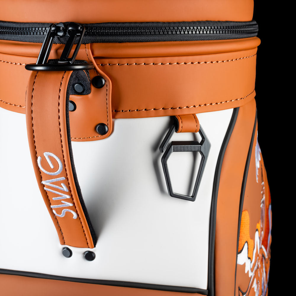 Close-up of Texas Longhorns Hook ’Em Den Caddy Cooler zipper, handle, and burnt orange detailing