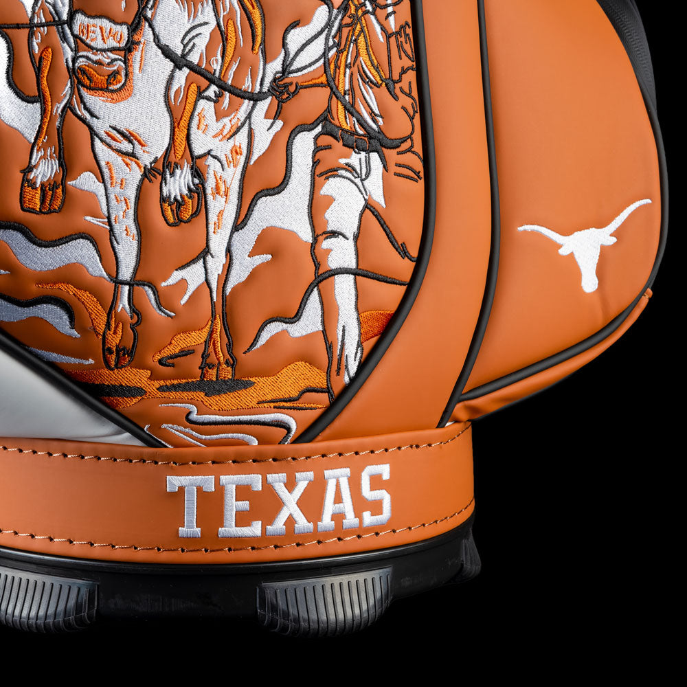 Close-up of Texas Longhorns Hook ’Em Den Caddy Cooler featuring Texas golf artwork and Longhorn detailing
