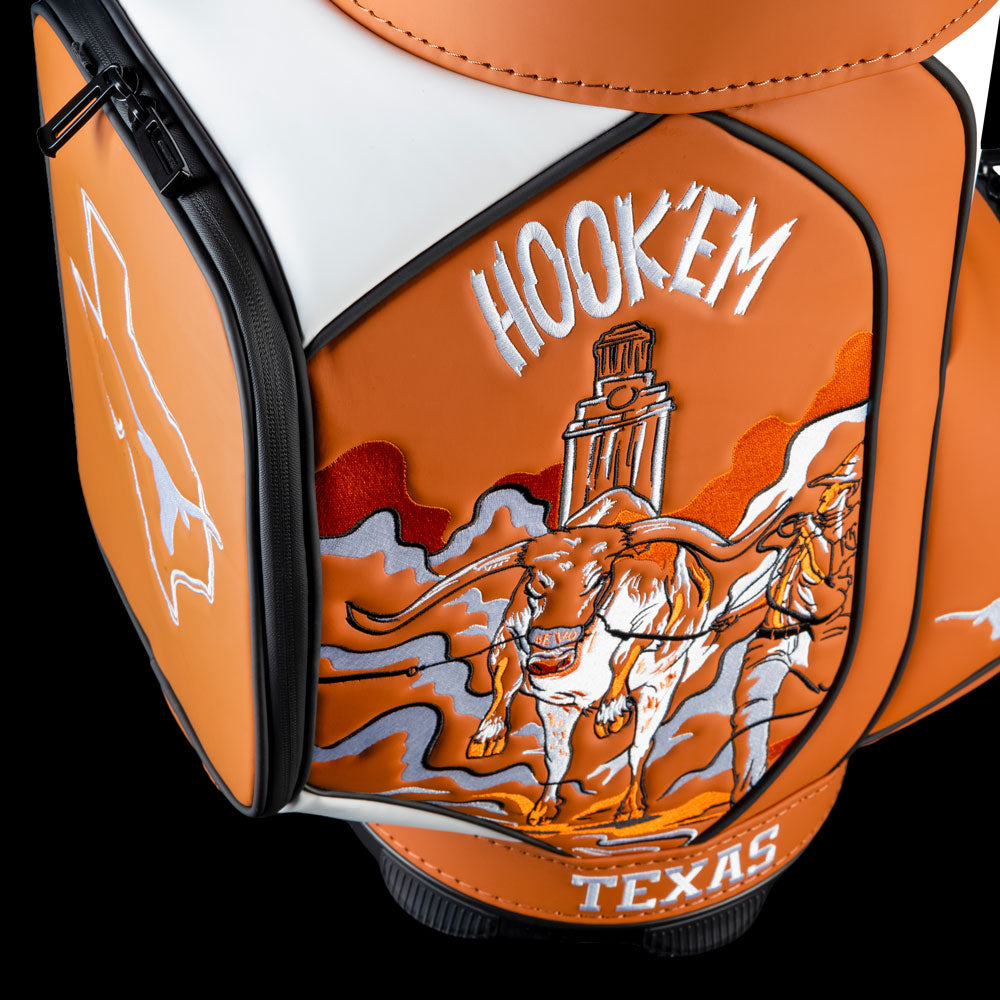 Close-up side view of Texas Longhorns Hook ’Em Den Caddy Cooler with Hook ’Em artwork and burnt orange detailing
