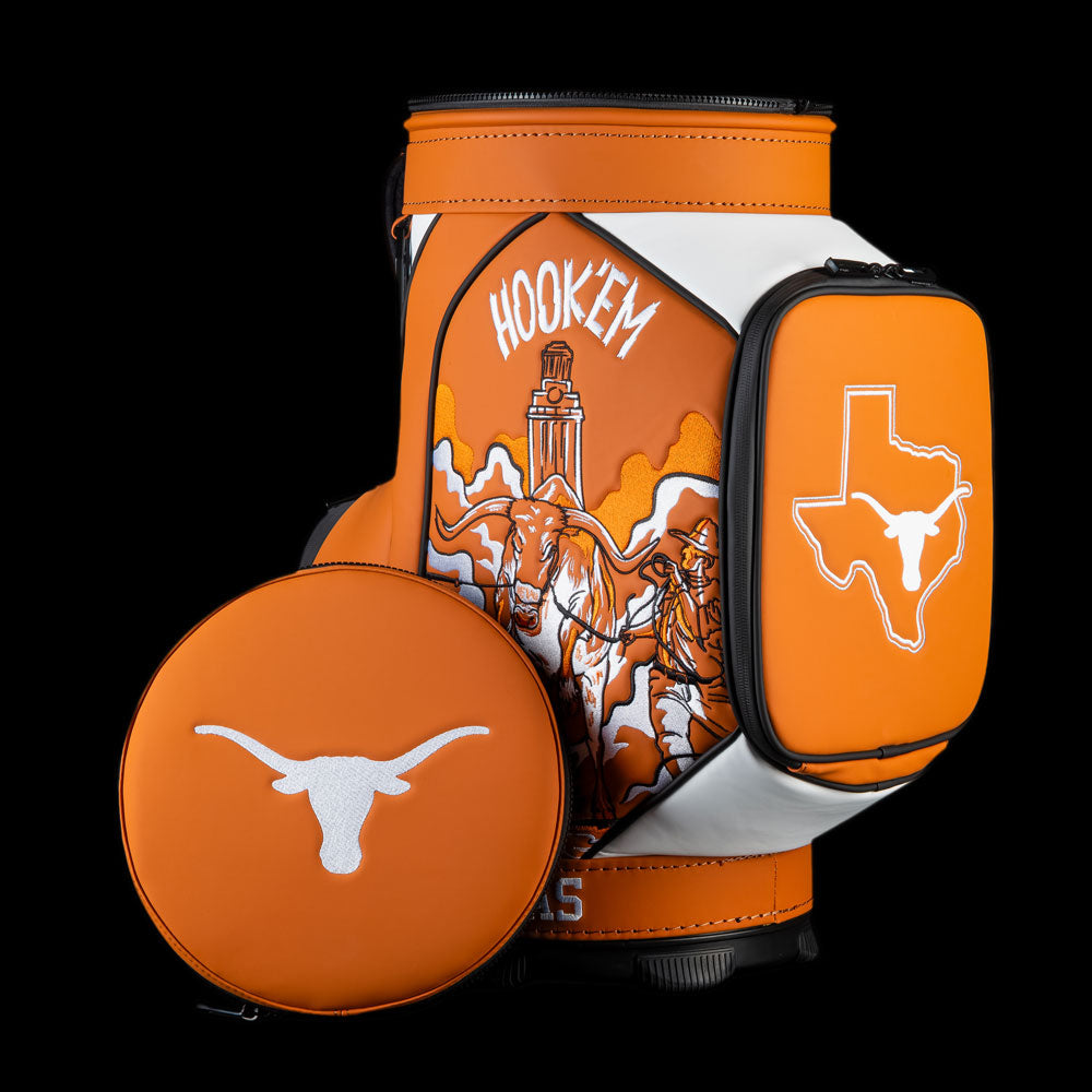 University of Texas Longhorns Hook ’Em Den Caddy Cooler with burnt orange and white Texas golf graphics