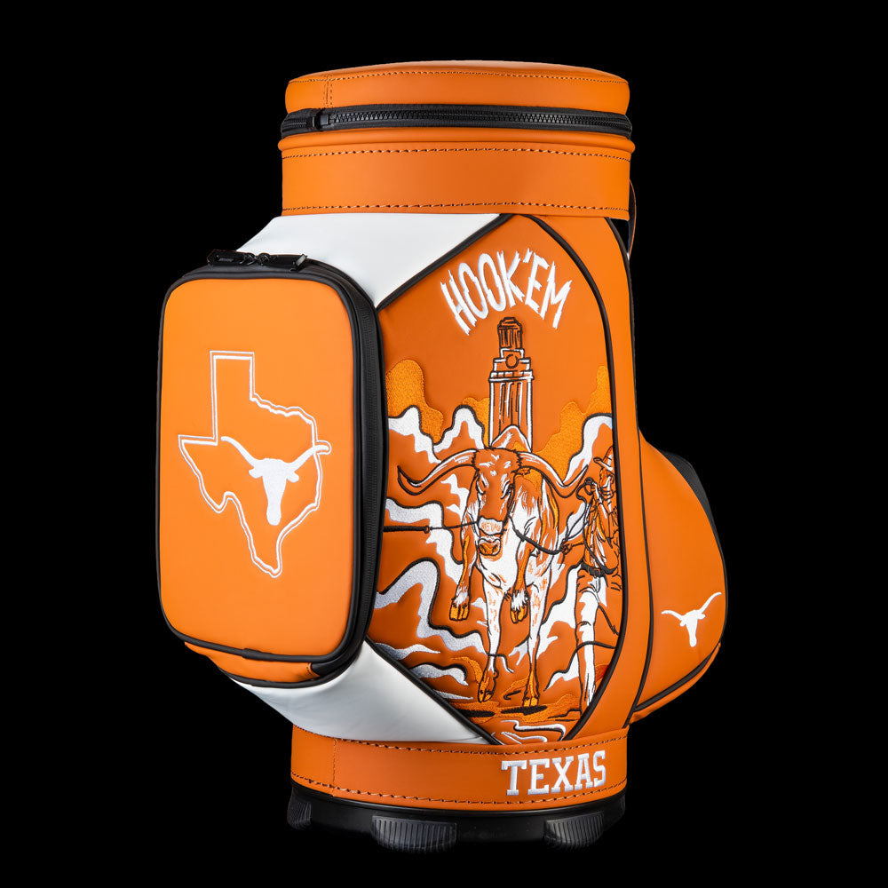Front view of Texas Longhorns Hook ’Em Den Caddy Cooler featuring Hook ’Em artwork and Longhorn logo