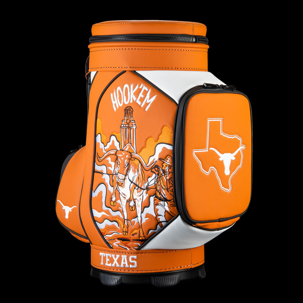 Angled view of Texas Longhorns Hook ’Em Den Caddy Cooler with burnt orange Texas graphics