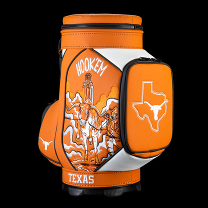 Angled view of Texas Longhorns Hook ’Em Den Caddy Cooler with burnt orange Texas graphics