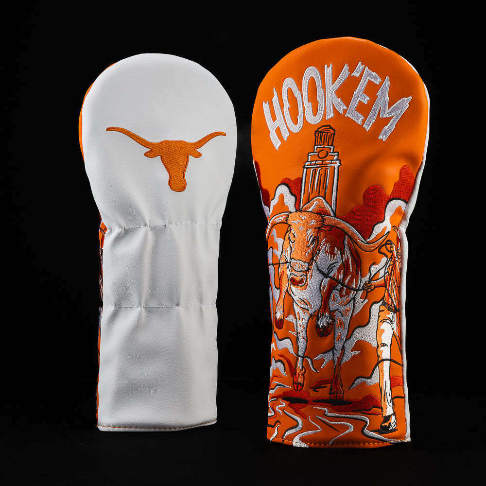 NCAA Texas Longhorns driver cover, with team colors, mascot and “hook ‘em”
