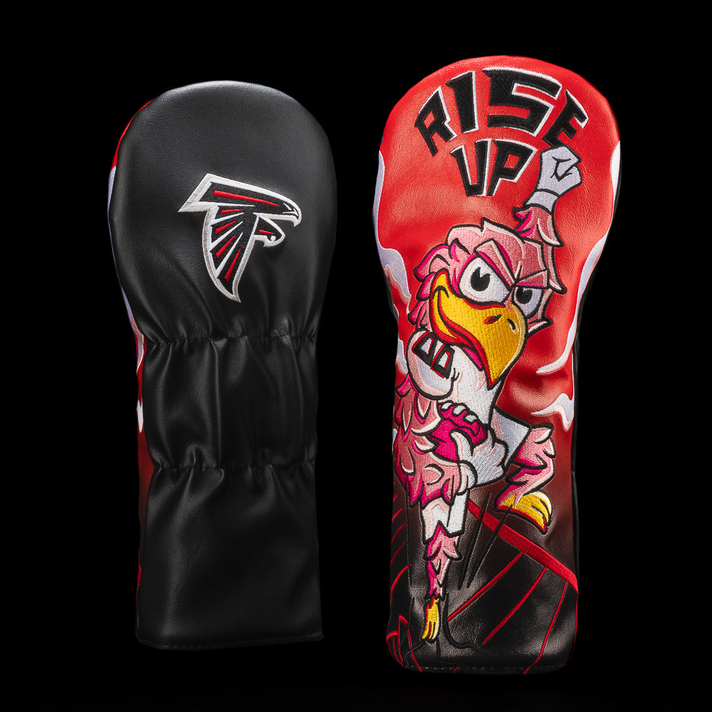 Atlanta Falcons driver cover with falcon flight straight in the air over a football field with the caption “rise up”