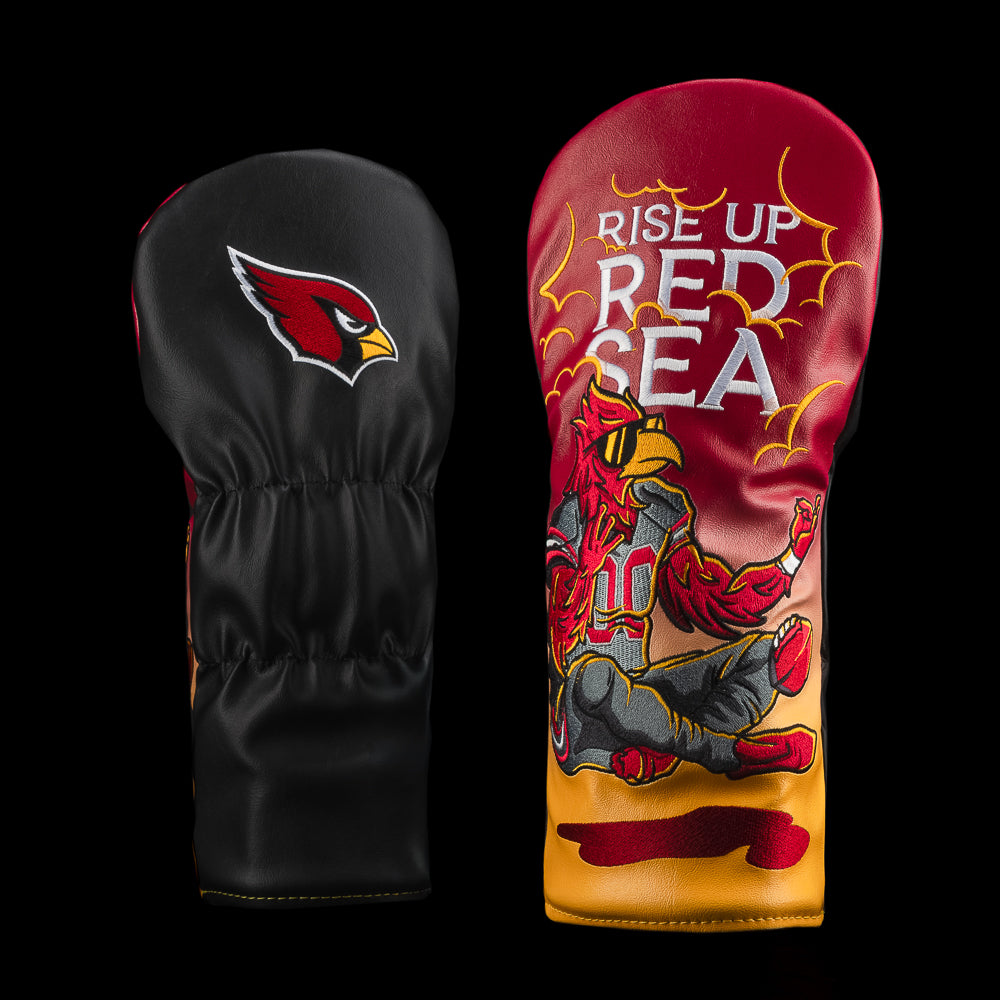 Arizona Cardinals driver cover with levitating cardinal in a jersey with caption “rise up Red Sea” in the clouds.  