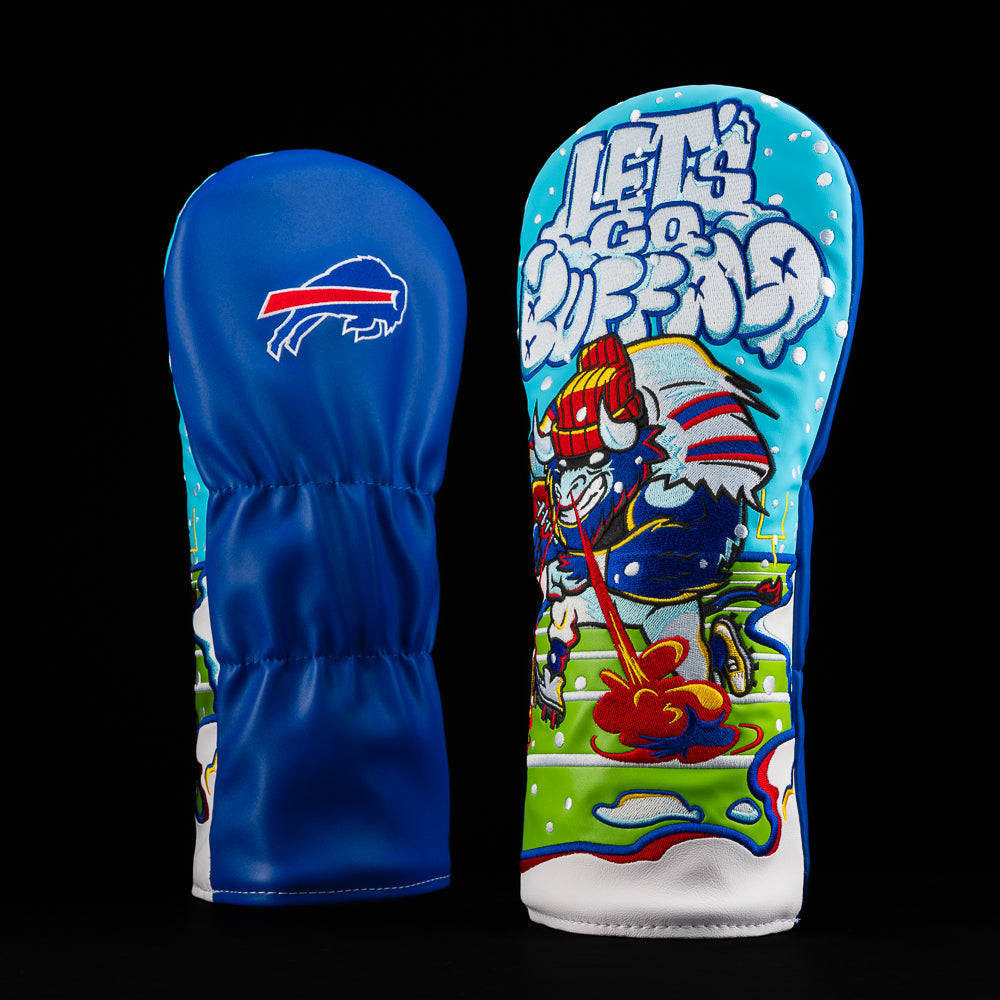 NFL Buffalo Bills driver cover, mascot in the snow, and “go buffalo”