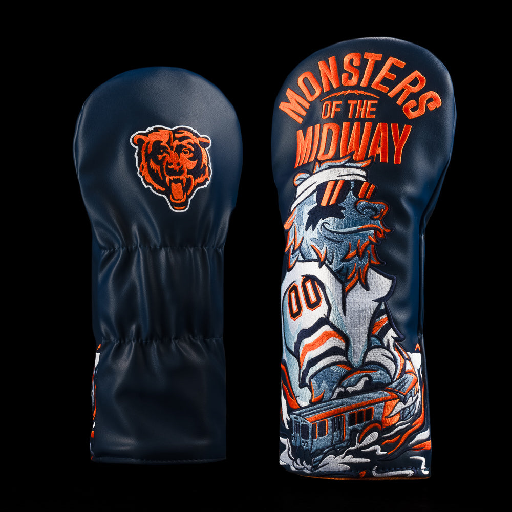 Chicago Bears driver cover with a bear in a jersey, train, and “monsters of the midway”