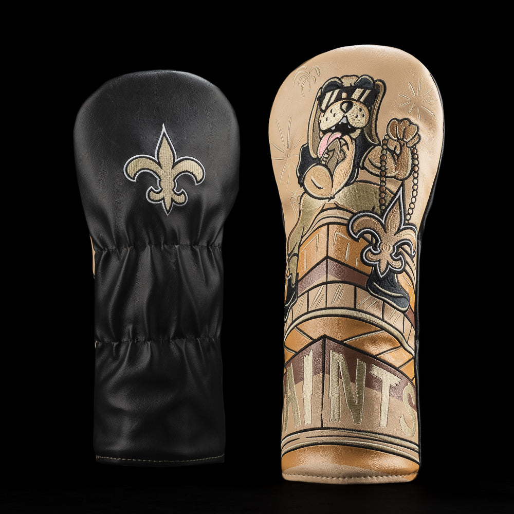 New Orleans Saints driver cover with Gumbo the mascot sitting on a ledge with a Saints chain. 