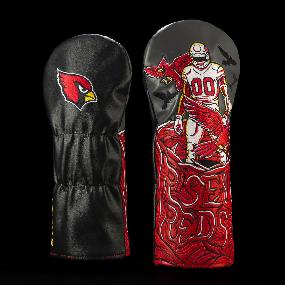 SWAG Golf NFL Arizona Cardinals Protect The Nest Driver Cover with a number 00 football player standing above twisted Rise Up Red Sea lettering and flying cardinals.
