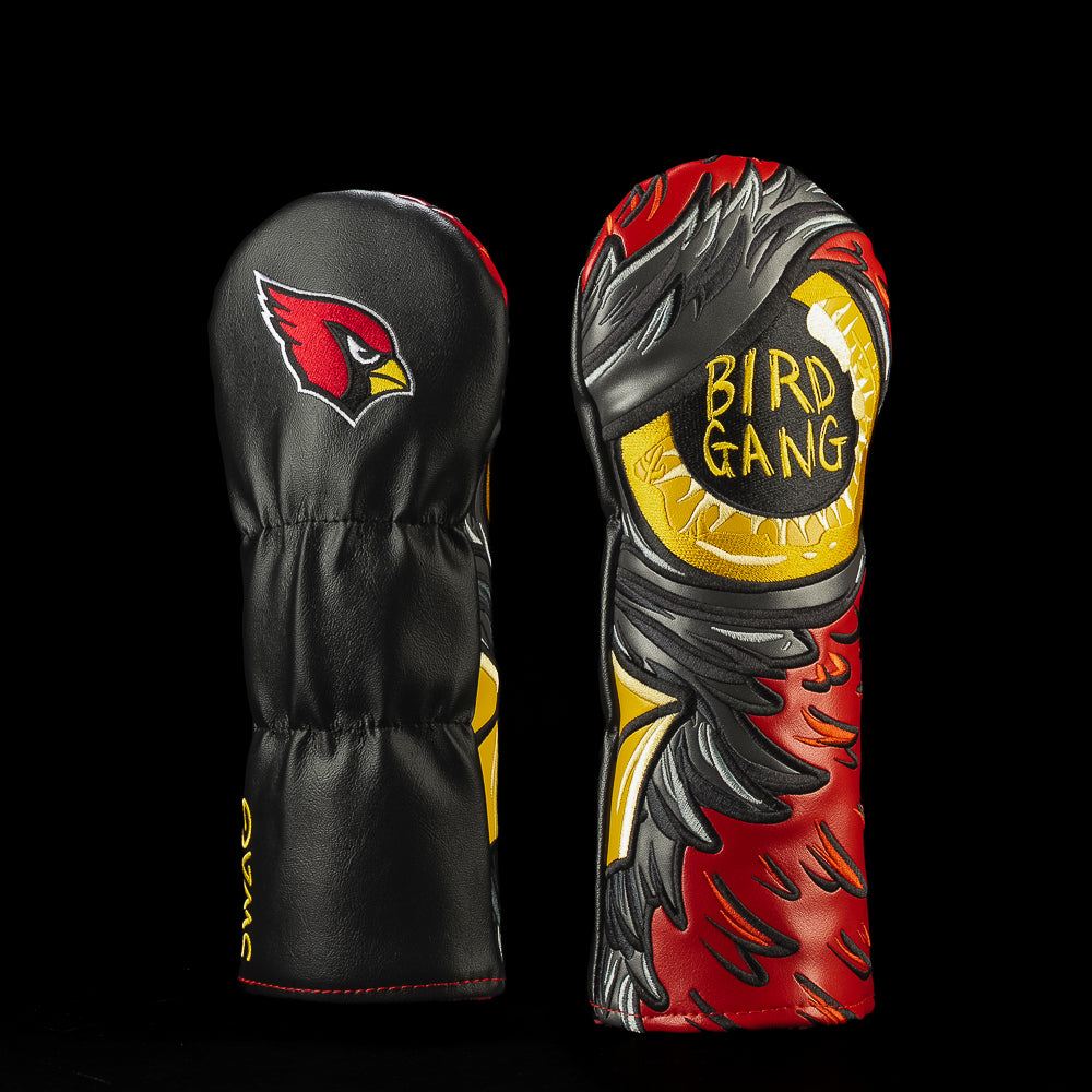 SWAG Golf NFL Arizona Cardinals Bird Gang Fairway Cover with a close-up cardinal face, yellow eye containing Bird Gang lettering and layered red feathers.