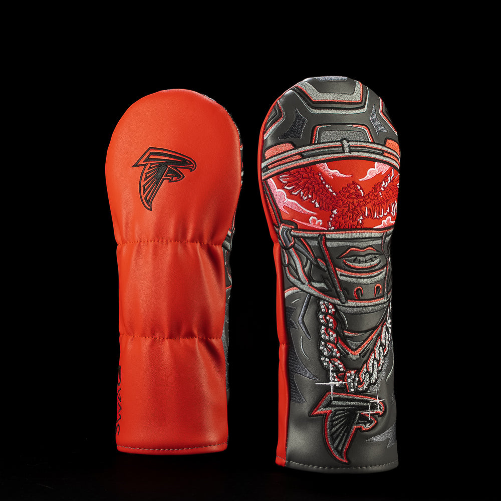 SWAG Golf NFL Atlanta Falcons Benzmania Fairway Cover with a black football helmet, glowing red visor, silver chain and Falcons pendant.