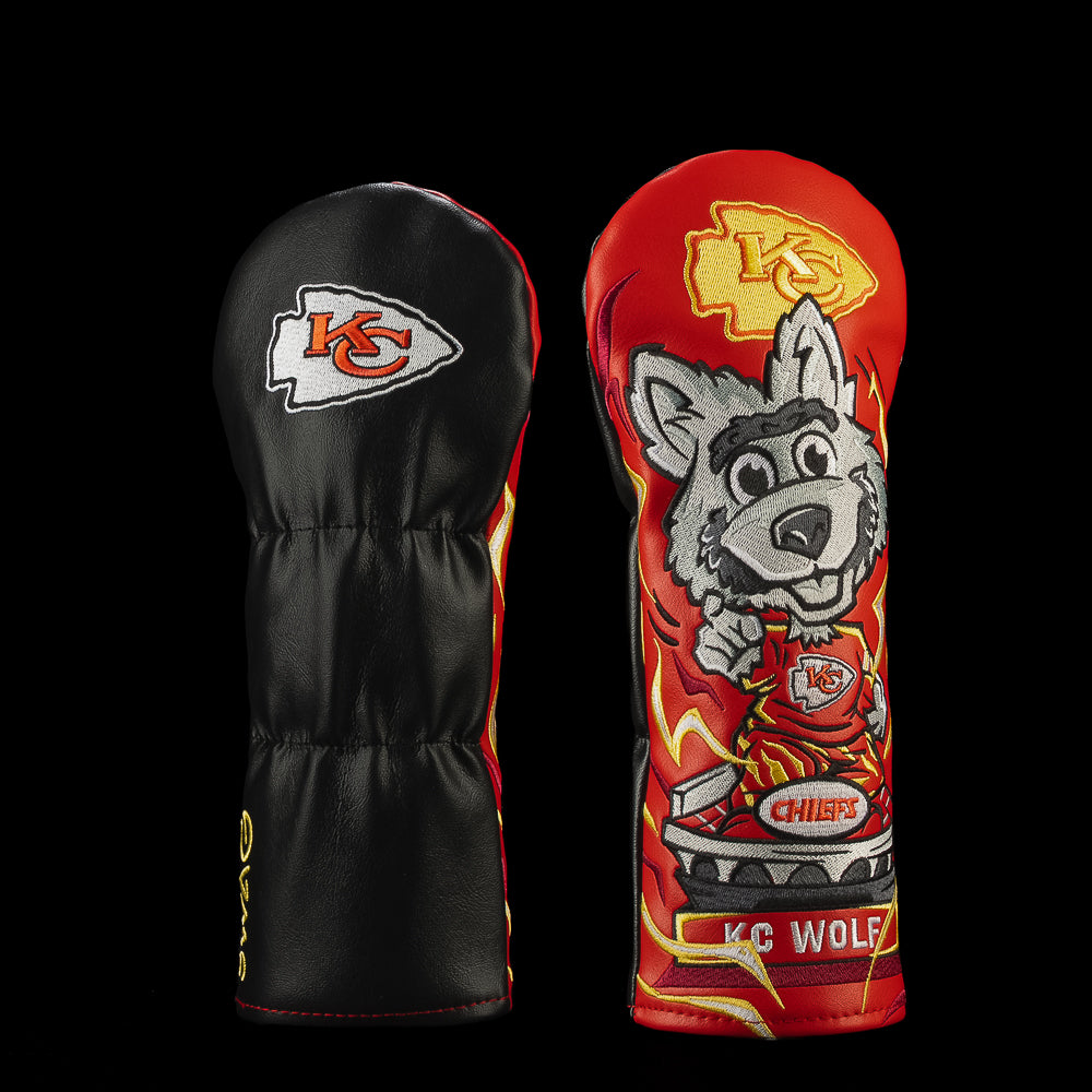 SWAG Golf NFL Kansas City Chiefs KC Wolf Fairway Cover with the smiling KC Wolf mascot standing on a Chiefs pedestal amid red-and-yellow lightning.