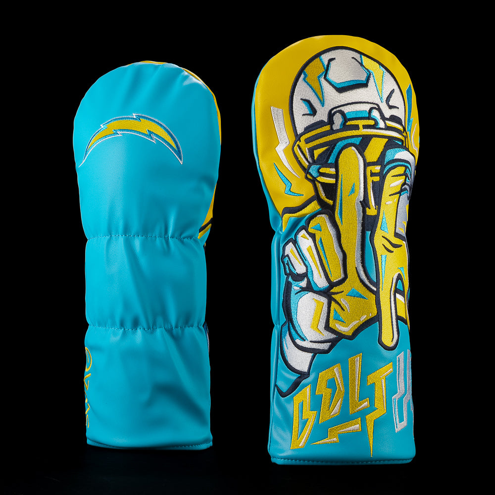 SWAG Golf NFL Los Angeles Chargers Bolt Up 2.0 Driver Cover with a masked football player making a hand sign beneath yellow lightning and Bolt Up lettering.