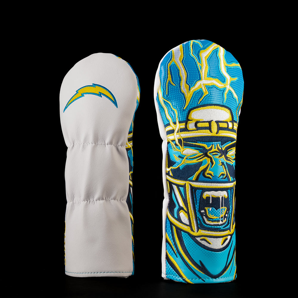 SWAG Golf NFL Los Angeles Chargers Charged Up Fairway Cover with a close-up helmeted football player surrounded by electric yellow lightning.