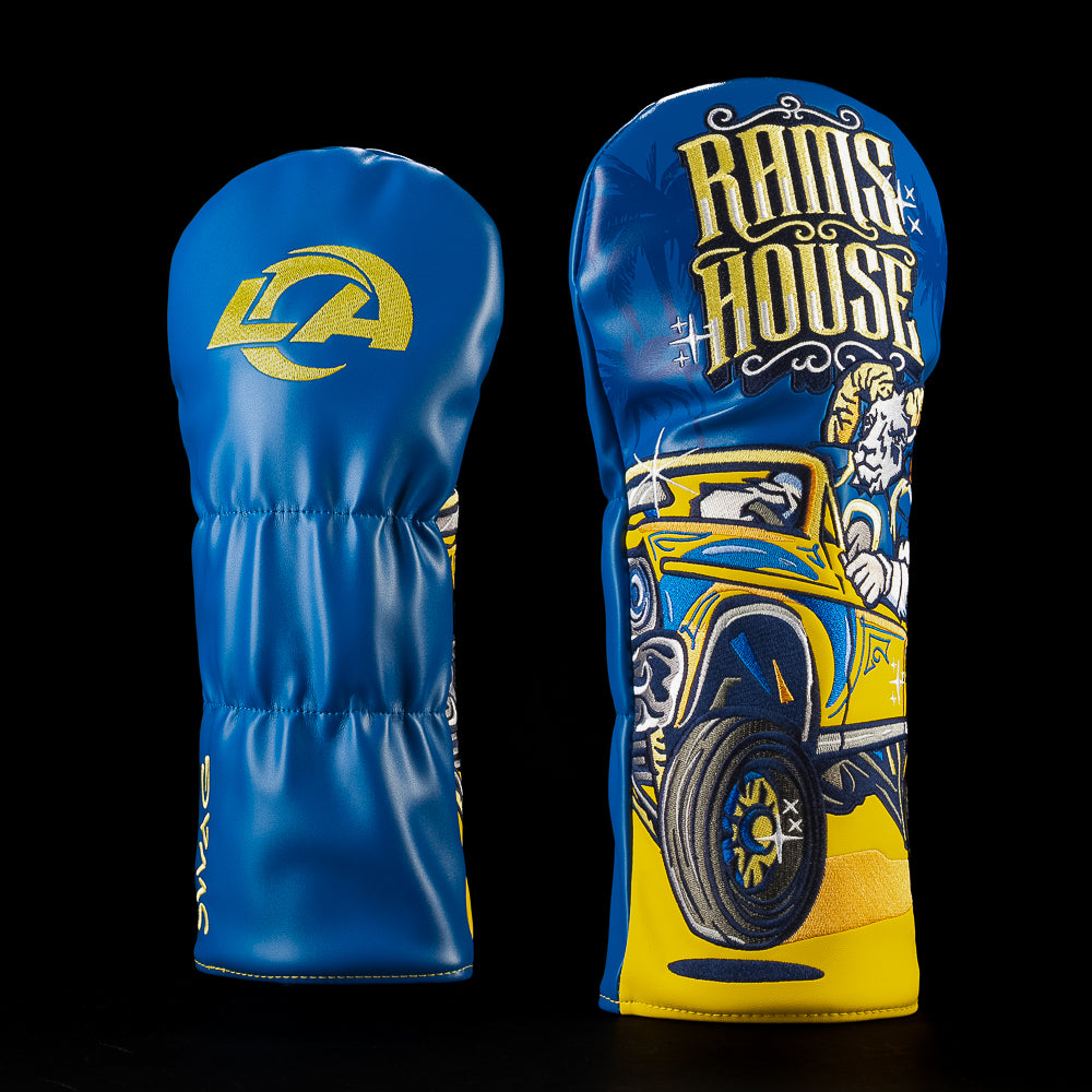 SWAG Golf NFL Los Angeles Rams Rams House Driver Cover with a ram mascot driving a lifted truck beneath stacked Rams House lettering.
