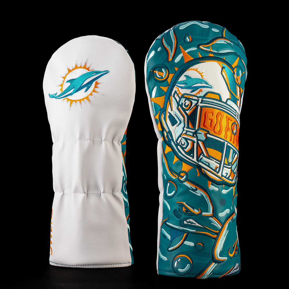 SWAG Golf NFL Miami Dolphins Superpod Driver Cover with dolphins swimming around a Dolphins football helmet marked Go Fins amid bubbles and aqua water.