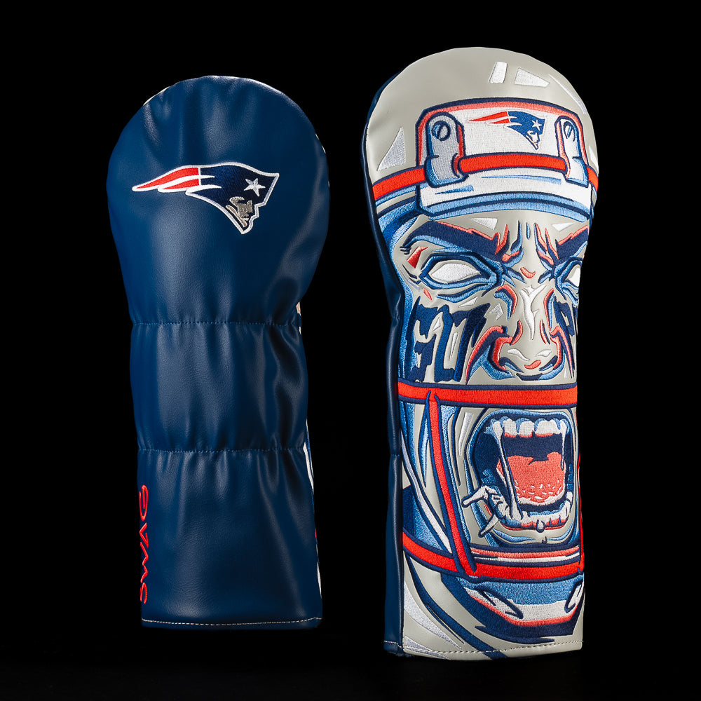 SWAG Golf NFL New England Patriots Go Pats Driver Cover with a helmeted football player, stacked Patriots graphics and red, white, navy and silver details.