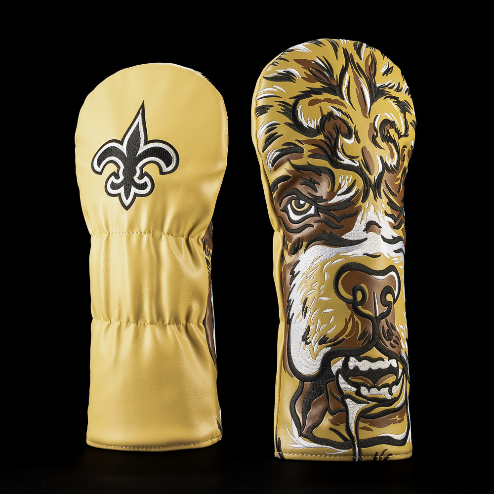 SWAG Golf NFL New Orleans Saints Gumbo 2.0 Driver Cover with a scruffy dog face, fleur-de-lis forehead marking and ornate black-and-gold details.