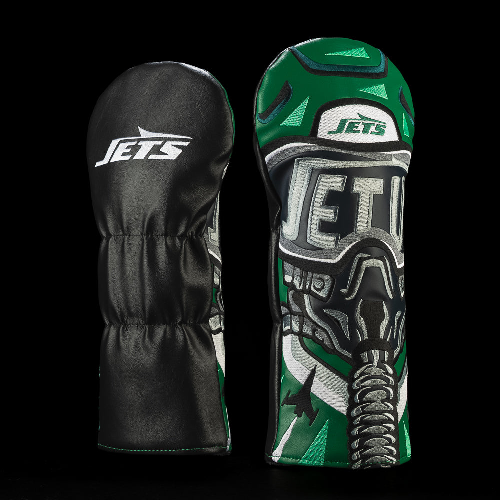 SWAG Golf NFL New York Jets Take Flight Driver Cover with a fighter pilot wearing a green Jets helmet, oxygen mask and Jet Up visor lettering.