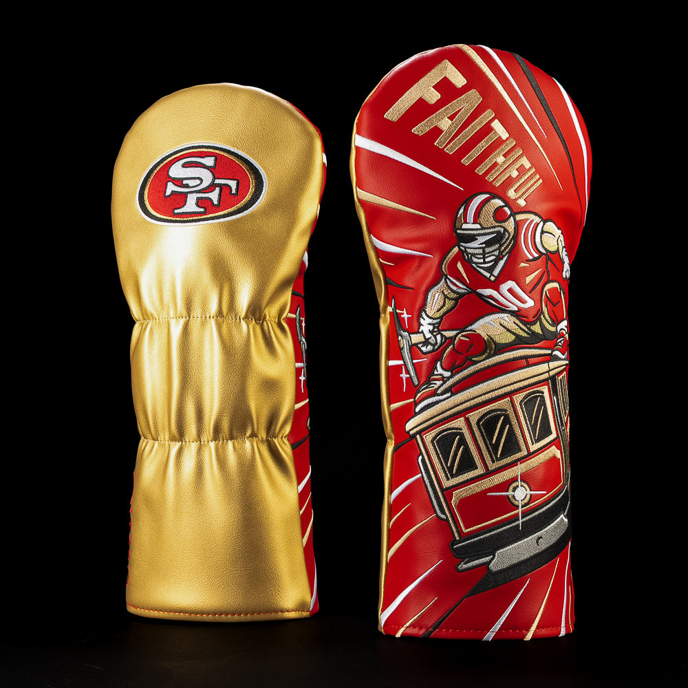 SWAG Golf NFL San Francisco 49ers Faithful Driver Cover with a football player flying above a San Francisco cable car in red and gold artwork.
