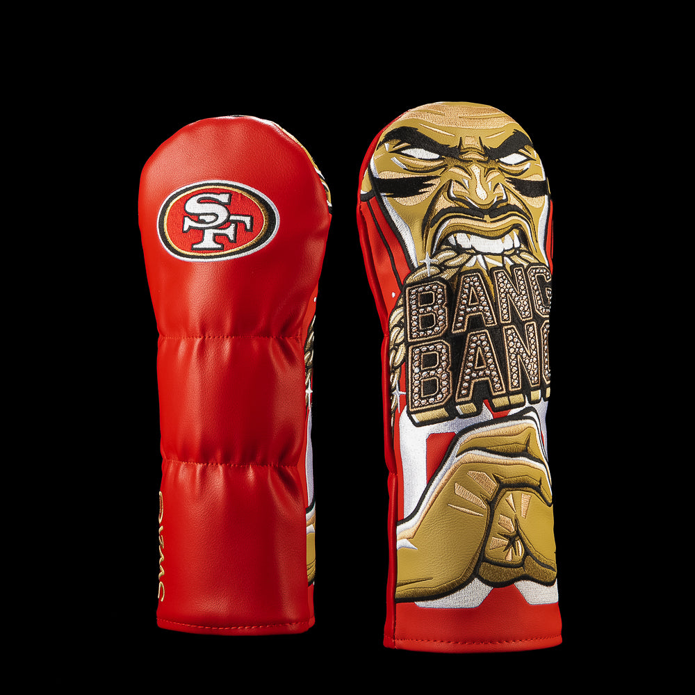 SWAG Golf NFL San Francisco 49ers Bang Bang Fairway Cover with a stern football player, clasped hands and oversized gold Bang Bang chain lettering.