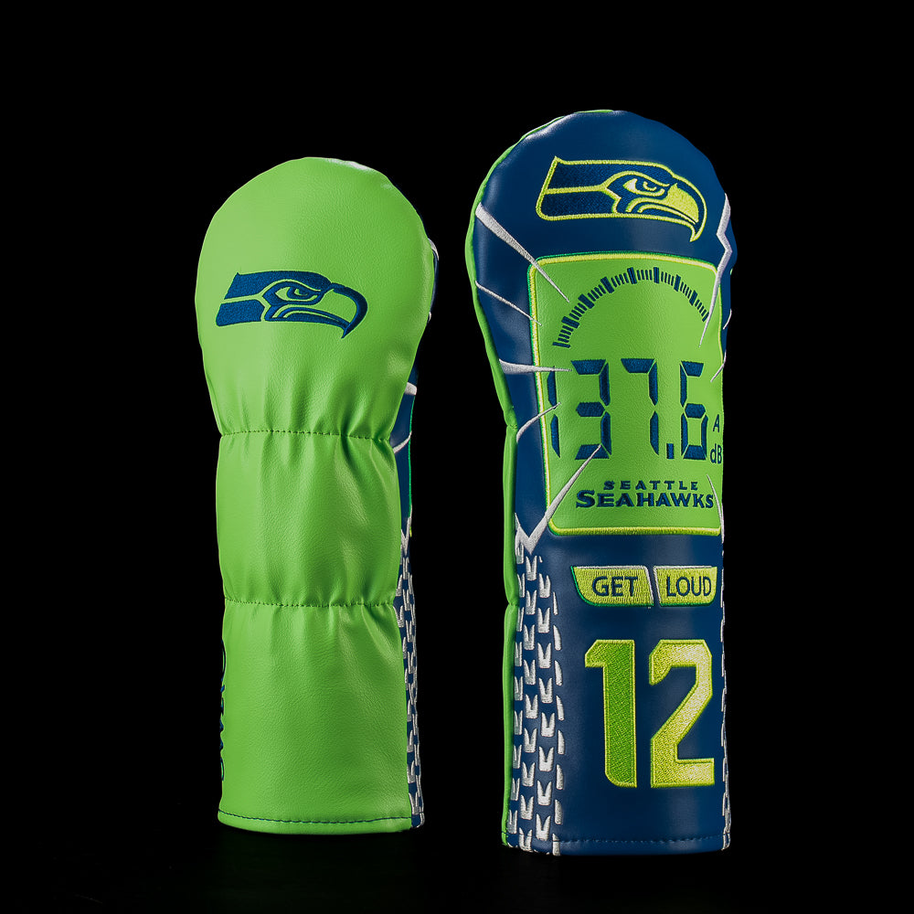 SWAG Golf NFL Seattle Seahawks Ramp It Up Fairway Cover with a stadium sound meter reading 137.6, Get Loud lettering and a large green number 12.