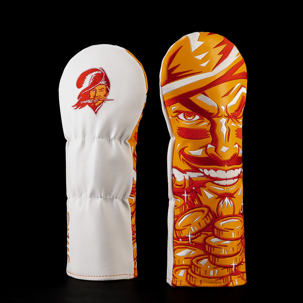 SWAG Golf NFL Tampa Bay Buccaneers Gimme The Loot Fairway Cover with a grinning pirate face emerging above stacked gold coins in red, orange and white.