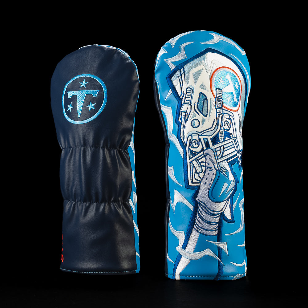 SWAG Golf NFL Tennessee Titans Rise Of The Titan Driver Cover with an armored warrior, glowing eyes, blue smoke and red-and-silver details.