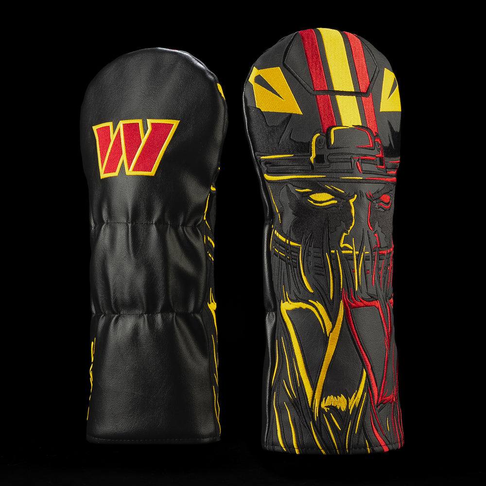 SWAG Golf NFL Washington Commanders In The Weeds Driver Cover with a shadowed helmeted player, glowing eyes and burgundy-and-gold linework.