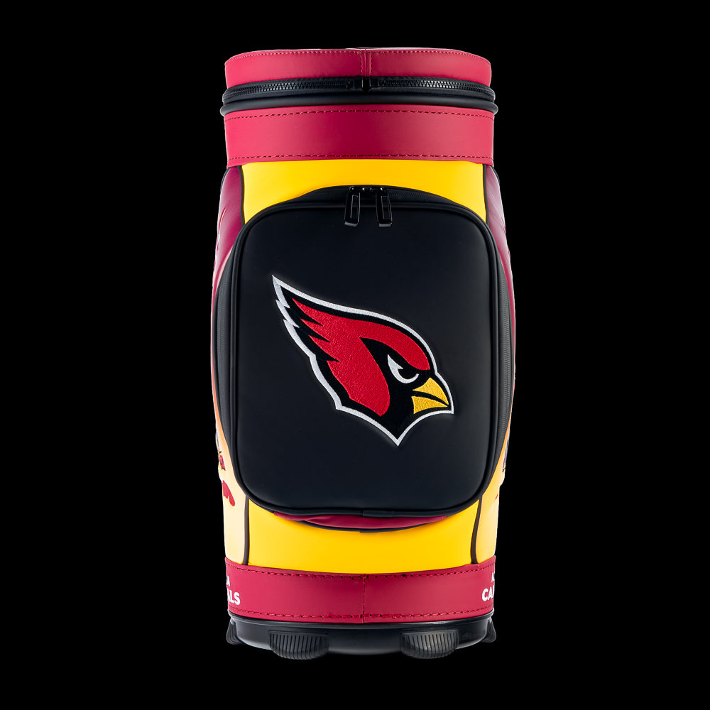 Front view of the SWAG Golf Arizona Cardinals Den Caddy Cooler featuring an embroidered Cardinals logo on the front storage pocket.