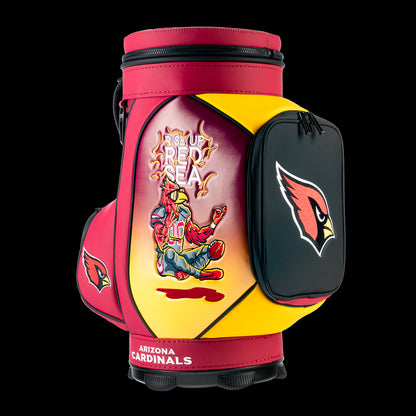 Rear angle of the SWAG Golf Arizona Cardinals Den Caddy Cooler showcasing Red Sea cardinal artwork and premium insulated construction.