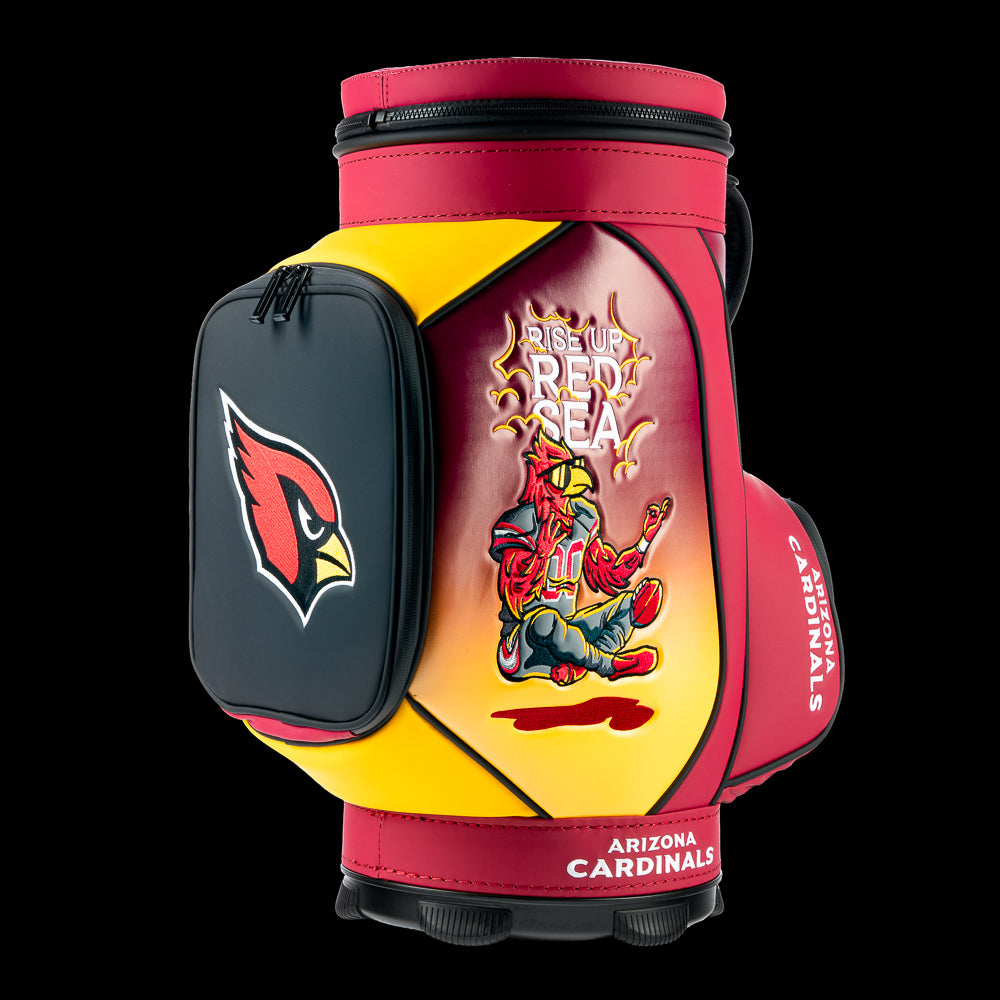 SWAG Golf Arizona Cardinals Den Caddy Cooler featuring exclusive Red Sea cardinal artwork, embroidered team logos, and a red, gold, and black finish.