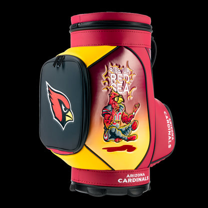 SWAG Golf Arizona Cardinals Den Caddy Cooler featuring exclusive Red Sea cardinal artwork, embroidered team logos, and a red, gold, and black finish.