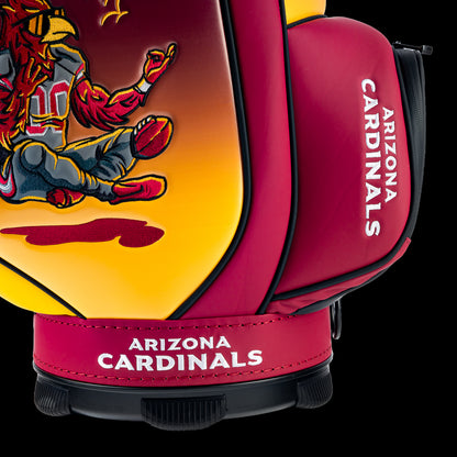 Close-up of the exclusive Red Sea cardinal artwork on the SWAG Golf Arizona Cardinals Den Caddy Cooler.