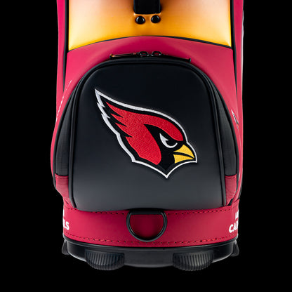Close-up of the embroidered Arizona Cardinals logo pocket and premium stitching on the SWAG Golf Den Caddy Cooler.