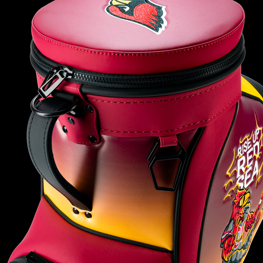 Close-up of the SWAG Golf Arizona Cardinals Den Caddy Cooler featuring premium zipper hardware, carry handle, and stitched construction.
