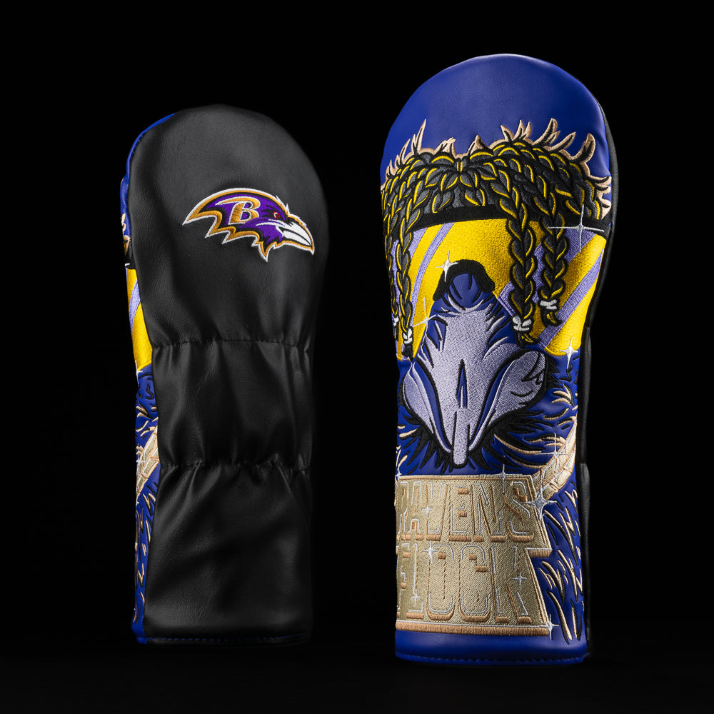 Baltimore Ravens driver cover with Raven with shades, braided hair, and a gold chain that reads “ravens flock”