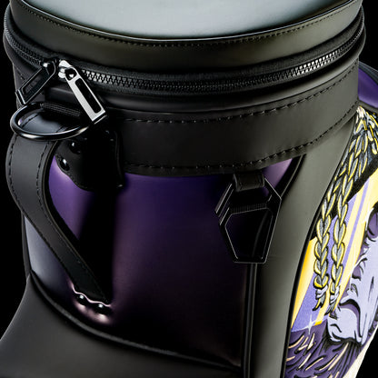 Close-up of the SWAG Golf Baltimore Ravens Den Caddy Cooler showing premium zipper hardware, black leather construction, and purple fade side panels.