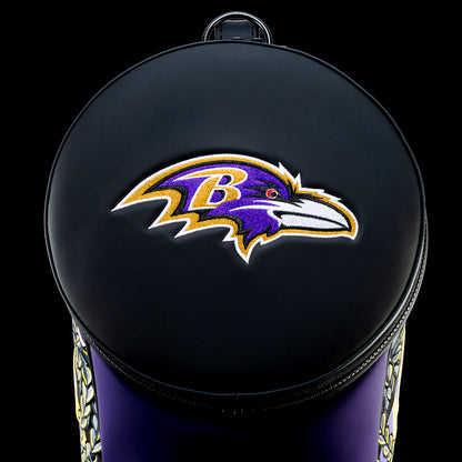 Top view of the removable SWAG Golf Baltimore Ravens Den Caddy Cooler lid featuring an embroidered Ravens logo on a black background with purple trim.