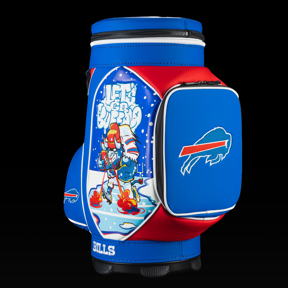 Angled view of the SWAG Golf Buffalo Bills Den Caddy Cooler showcasing the "Let's Go Buffalo" artwork and embroidered Bills logo pocket.