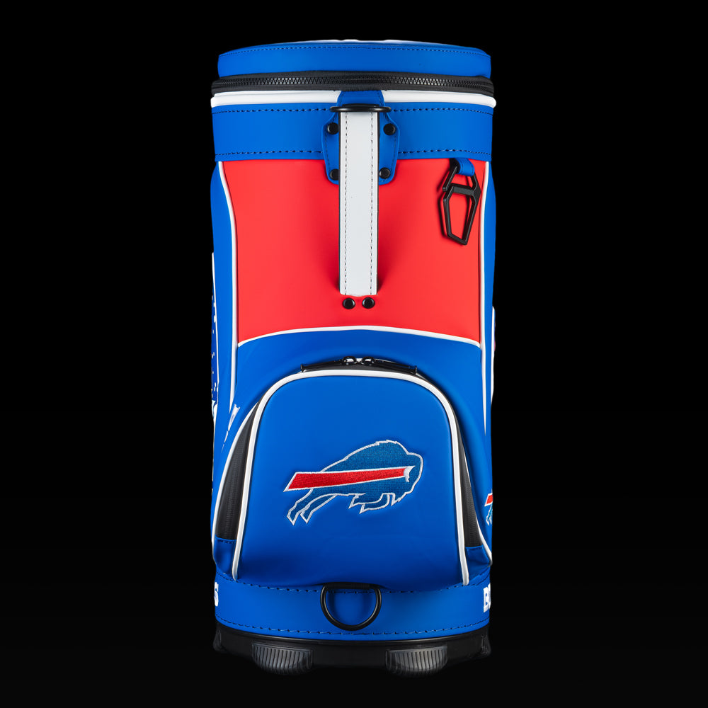 Rear view of the SWAG Golf Buffalo Bills Den Caddy Cooler with red, white, and blue color blocking.