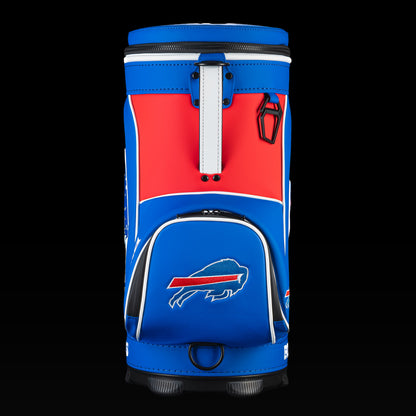 Rear view of the SWAG Golf Buffalo Bills Den Caddy Cooler with red, white, and blue color blocking.