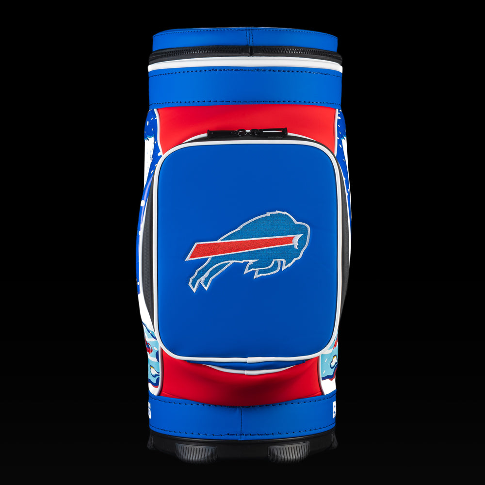 Front view of the SWAG Golf Buffalo Bills Den Caddy Cooler with an embroidered Bills logo on the front pocket.
