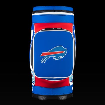 Front view of the SWAG Golf Buffalo Bills Den Caddy Cooler with an embroidered Bills logo on the front pocket.