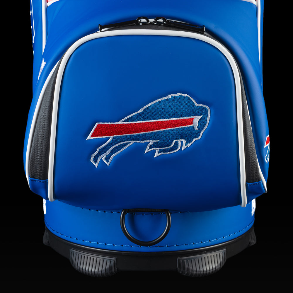 Close-up of the embroidered Buffalo Bills logo on the blue front pocket.