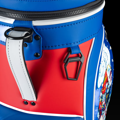 Close-up of the Buffalo Bills Den Caddy Cooler zipper, handle, and red, white, and blue panels.